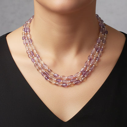 Genuine Natural Ametrine 3-Layer Beaded Sarafa Necklace | Purple & Golden Quartz Healing Crystal Jewelry