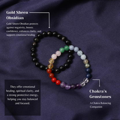 7 Chakras + Gold Sheen Obsidian Healing Stretchable Gemstone Bracelet – Protection, Clarity & Balance