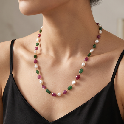Natural Pearl Ruby Emerald Rosary Chain Necklace – Multicolor Gemstone Beaded Jewelry