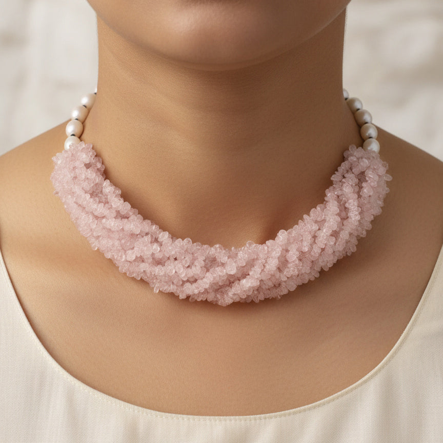 Handmade Rose Quartz, Pearl & Black Spinel Necklace | Natural Crystal Statement Jewelry