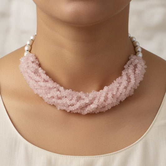 Handmade Rose Quartz, Pearl & Black Spinel Necklace | Natural Crystal Statement Jewelry