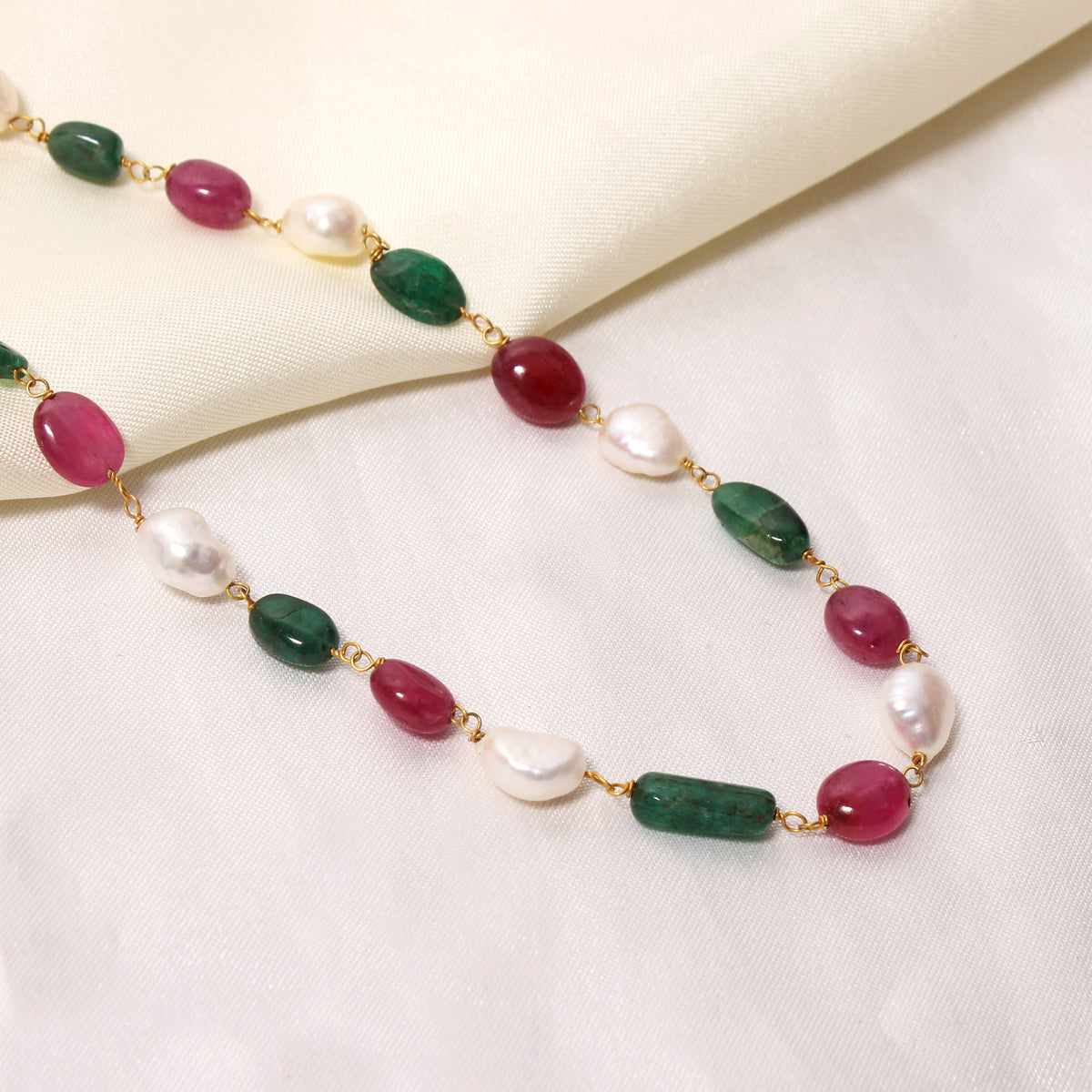 Natural Pearl Ruby Emerald Rosary Chain Necklace – Multicolor Gemstone Beaded Jewelry