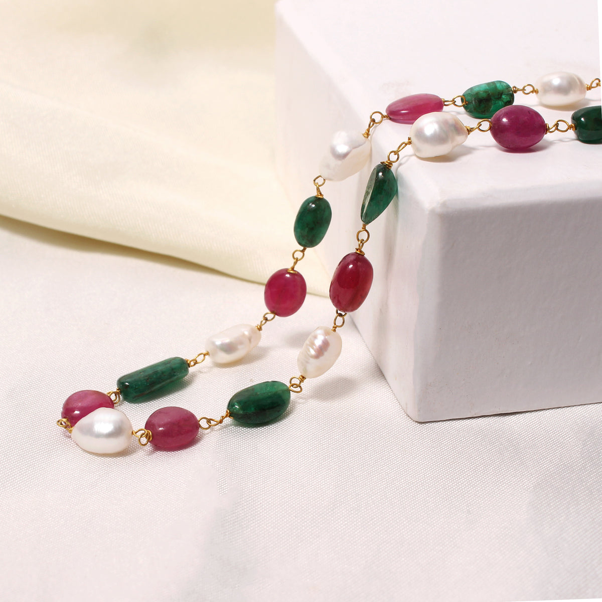 Natural Pearl Ruby Emerald Rosary Chain Necklace – Multicolor Gemstone Beaded Jewelry