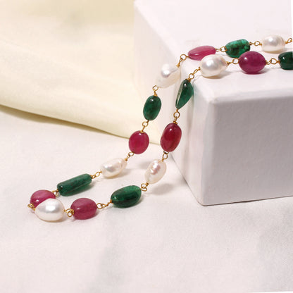 Natural Pearl Ruby Emerald Rosary Chain Necklace – Multicolor Gemstone Beaded Jewelry