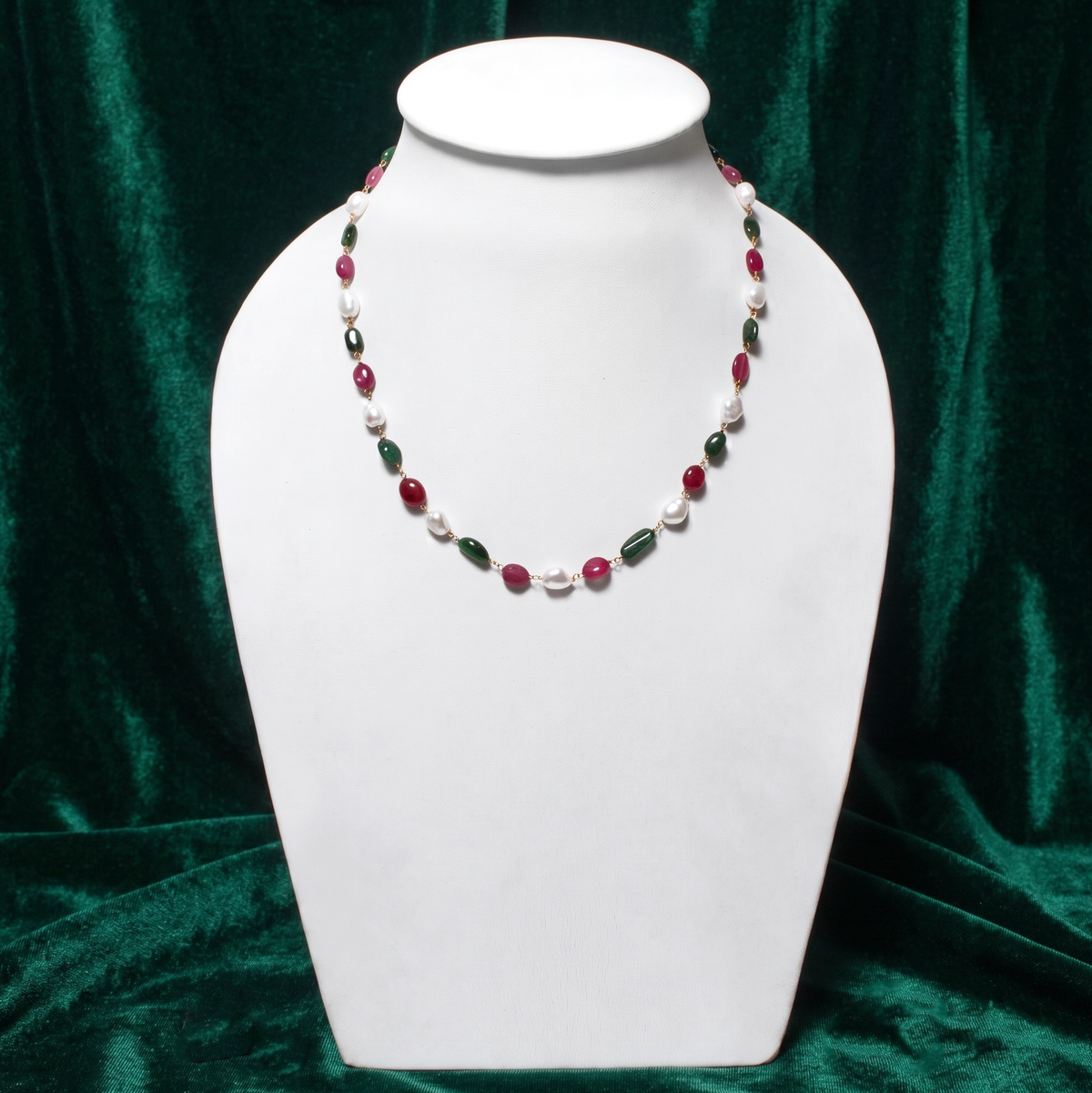 Natural Pearl Ruby Emerald Rosary Chain Necklace – Multicolor Gemstone Beaded Jewelry