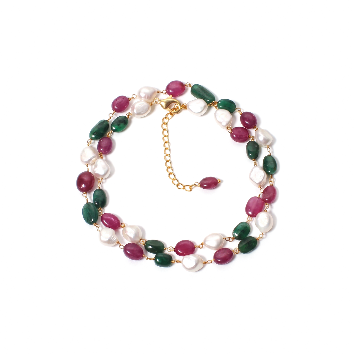 Natural Pearl Ruby Emerald Rosary Chain Necklace – Multicolor Gemstone Beaded Jewelry