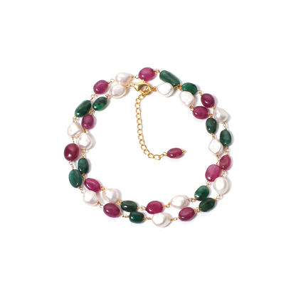 Natural Pearl Ruby Emerald Rosary Chain Necklace – Multicolor Gemstone Beaded Jewelry