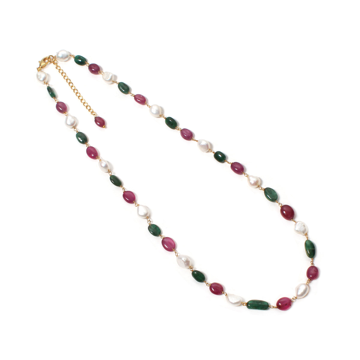 Natural Pearl Ruby Emerald Rosary Chain Necklace – Multicolor Gemstone Beaded Jewelry