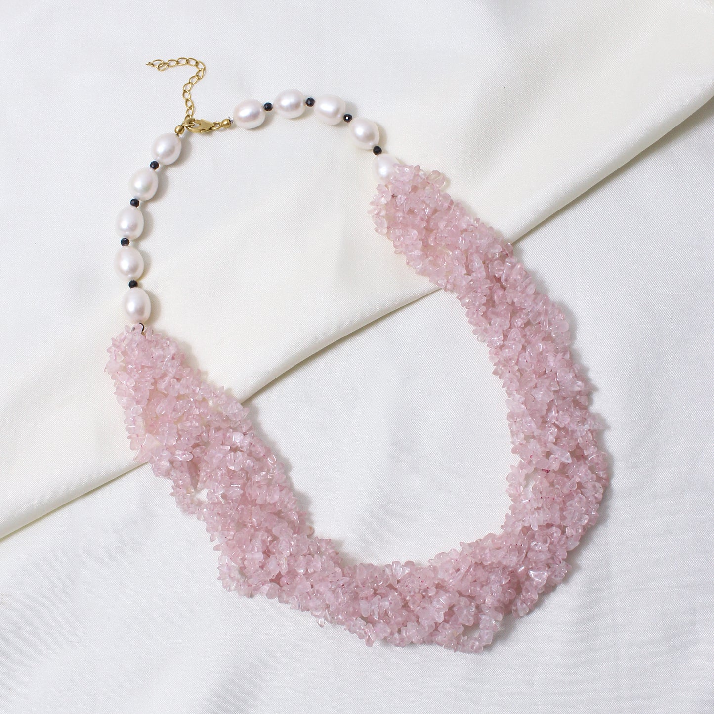Handmade Rose Quartz, Pearl & Black Spinel Necklace | Natural Crystal Statement Jewelry