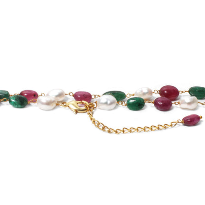 Natural Pearl Ruby Emerald Rosary Chain Necklace – Multicolor Gemstone Beaded Jewelry