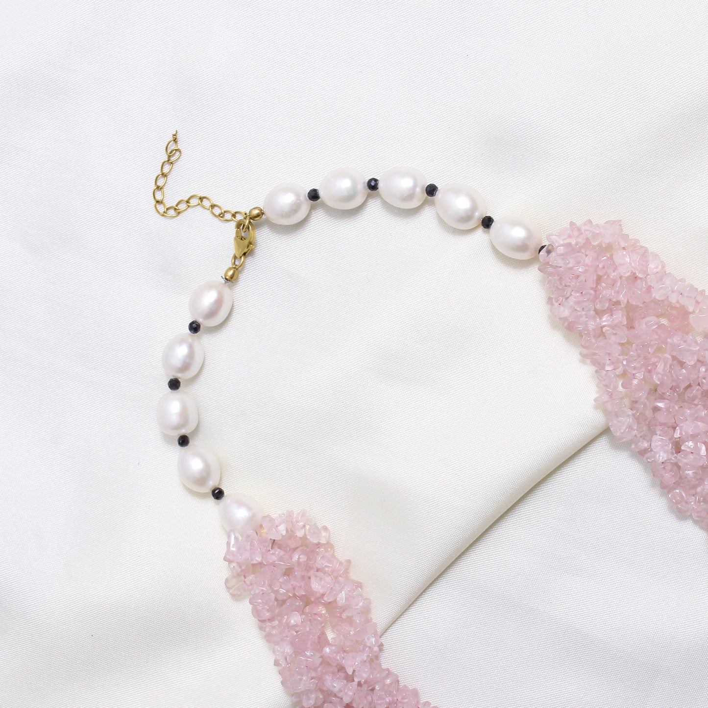 Handmade Rose Quartz, Pearl & Black Spinel Necklace | Natural Crystal Statement Jewelry