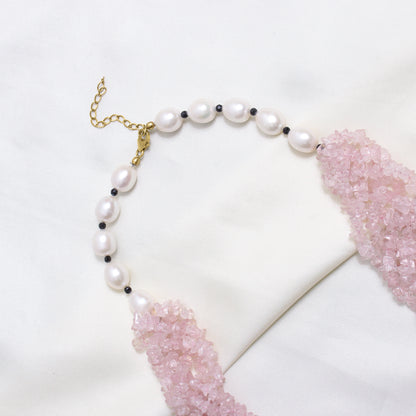 Handmade Rose Quartz, Pearl & Black Spinel Necklace | Natural Crystal Statement Jewelry