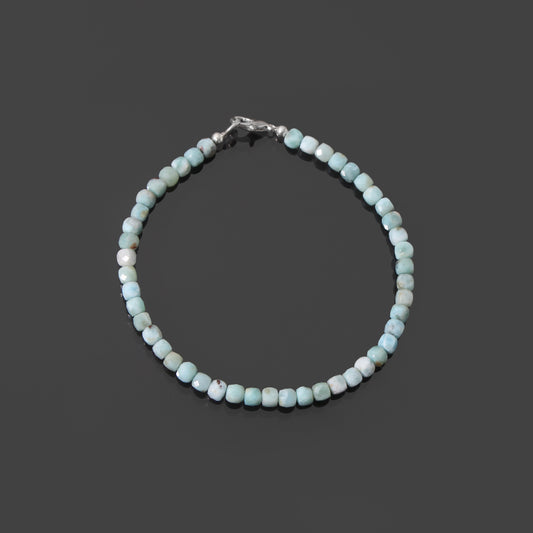 Natural Larimar Faceted Cube Bead Bracelet | Handmade Blue Gemstone Jewelry | 925 Sterling Silver Clasp