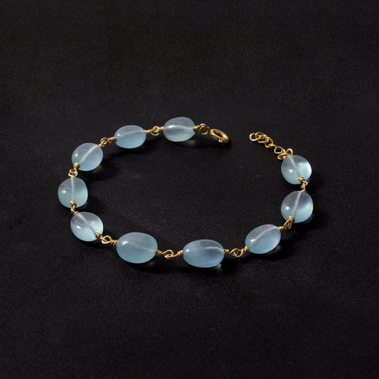 Elegant Natural Aquamarine Beaded Bracelet – Gold Wire Wrapped Adjustable Jewelry for Women and Girls