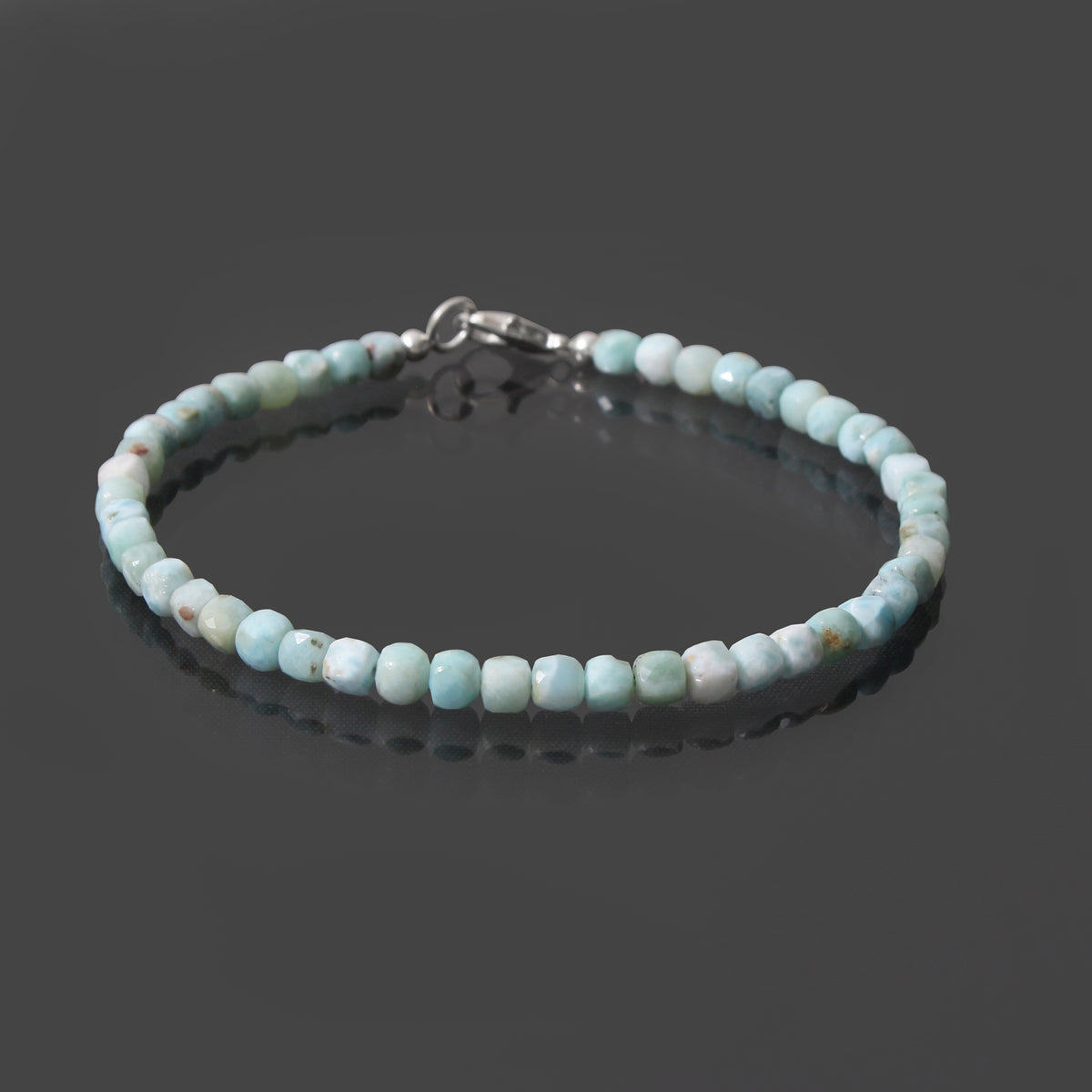 Natural Larimar Faceted Cube Bead Bracelet | Handmade Blue Gemstone Jewelry | 925 Sterling Silver Clasp