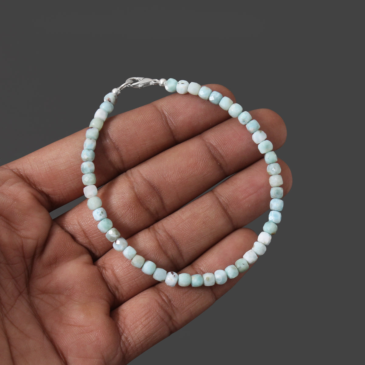 Natural Larimar Faceted Cube Bead Bracelet | Handmade Blue Gemstone Jewelry | 925 Sterling Silver Clasp