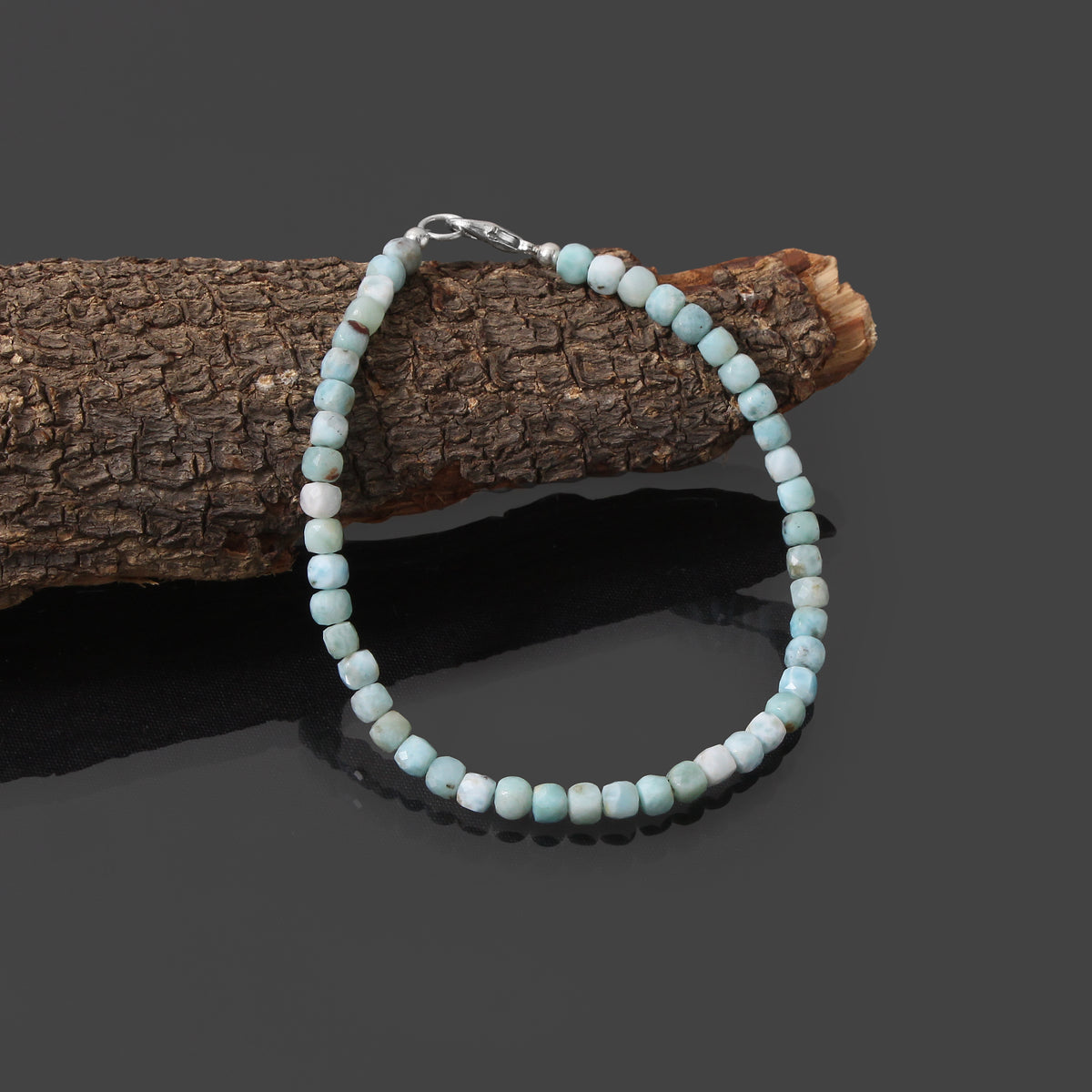 Natural Larimar Faceted Cube Bead Bracelet | Handmade Blue Gemstone Jewelry | 925 Sterling Silver Clasp