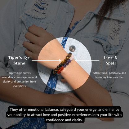 Love & Spell + Tiger Eye Healing Stretchable Gemstone Bracelet – Attract Love & Radiate Confidence