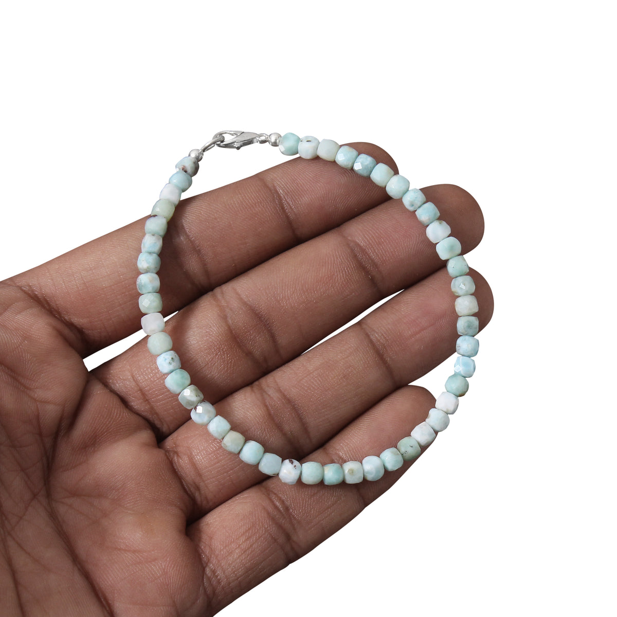 Natural Larimar Faceted Cube Bead Bracelet | Handmade Blue Gemstone Jewelry | 925 Sterling Silver Clasp