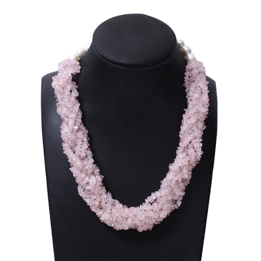 Natural Rose Quartz & Pearl Gemstone Designer Necklace – Chunky Crystal Bead Statement Jewelry for Love & Harmony