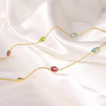 925 Sterling Silver Natural Multi-Stone Chain Necklace – Elegant Gemstone Jewelry