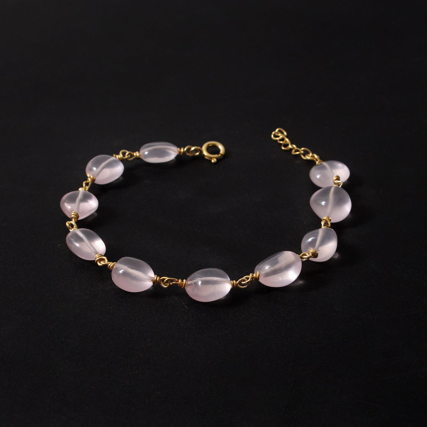 Elegant Natural Rose Quartz Beaded Bracelet – Gold Wire Wrapped Adjustable Jewelry for Women