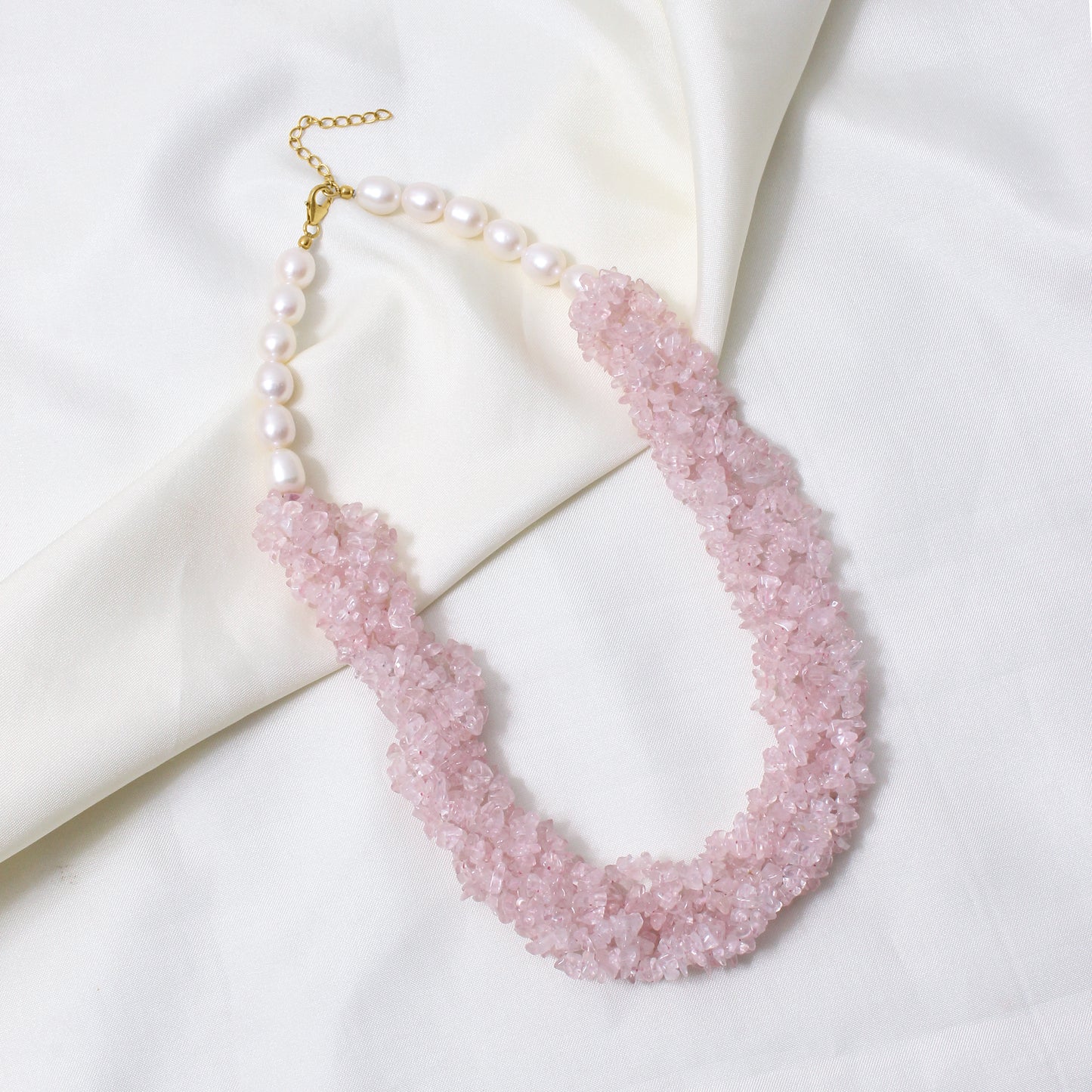 Natural Rose Quartz & Pearl Gemstone Designer Necklace – Chunky Crystal Bead Statement Jewelry for Love & Harmony