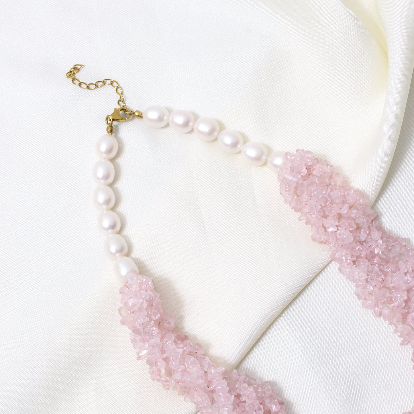 Natural Rose Quartz & Pearl Gemstone Designer Necklace – Chunky Crystal Bead Statement Jewelry for Love & Harmony