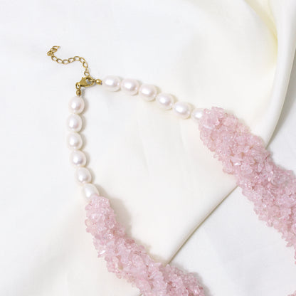 Natural Rose Quartz & Pearl Gemstone Designer Necklace – Chunky Crystal Bead Statement Jewelry for Love & Harmony