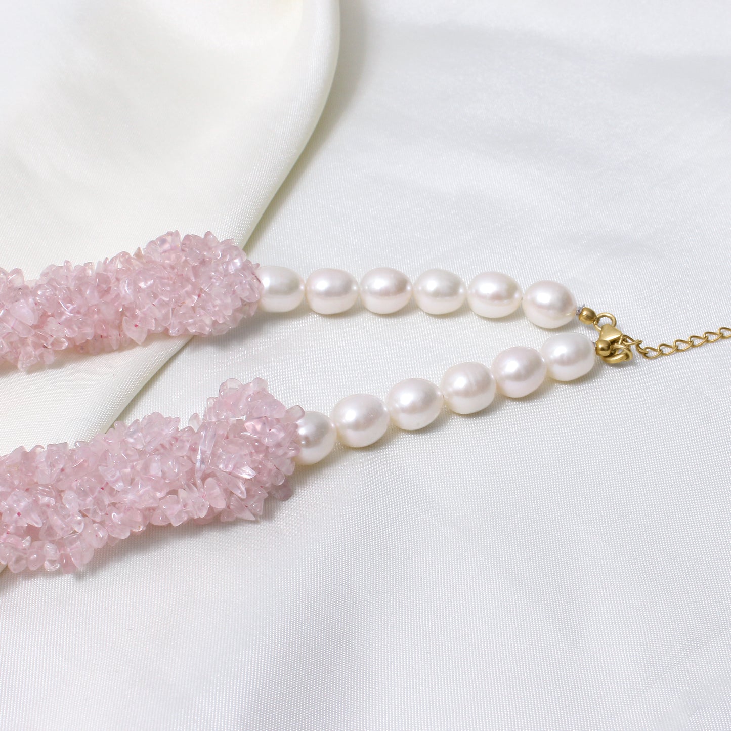 Natural Rose Quartz & Pearl Gemstone Designer Necklace – Chunky Crystal Bead Statement Jewelry for Love & Harmony