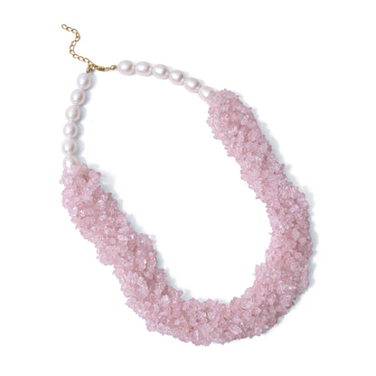 Natural Rose Quartz & Pearl Gemstone Designer Necklace – Chunky Crystal Bead Statement Jewelry for Love & Harmony