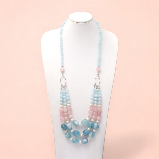 Natural Aquamarine, Rose Quartz & Pearl Beads Gemstone Necklace – Serenity & Elegance