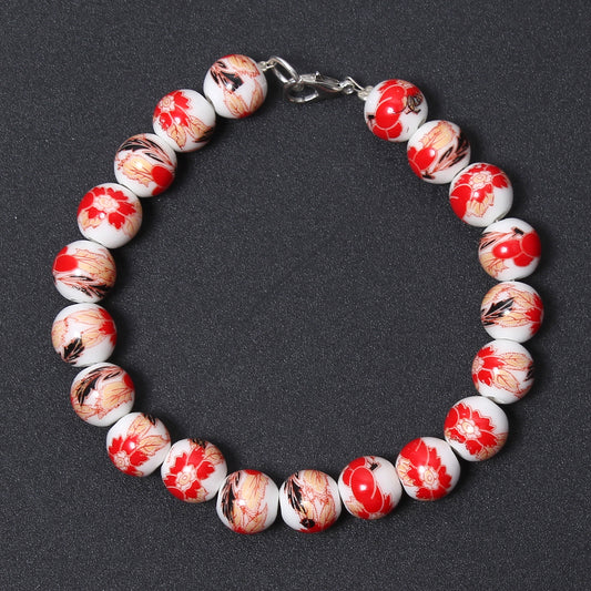 Red flower ceramic bead bracelet, 10mm Ceramic Smooth Round Bracelet 8 Inch,Modern Flower girl bracelet, Bridesmaids,Simple everyday jewelry