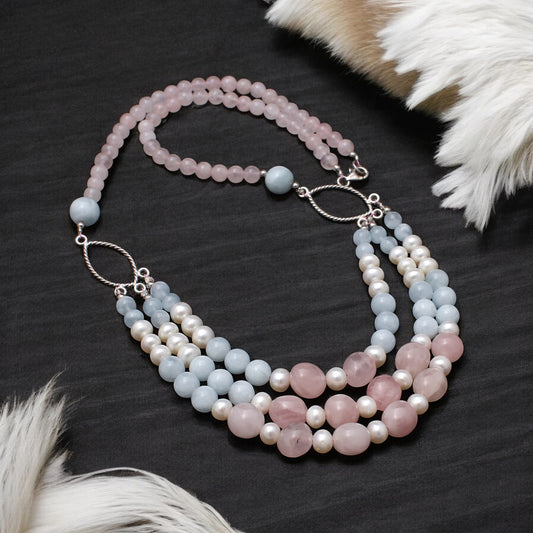 Natural Rose Quartz, Aquamarine & Pearl Beads Gemstone Necklace – Love, Peace & Purity