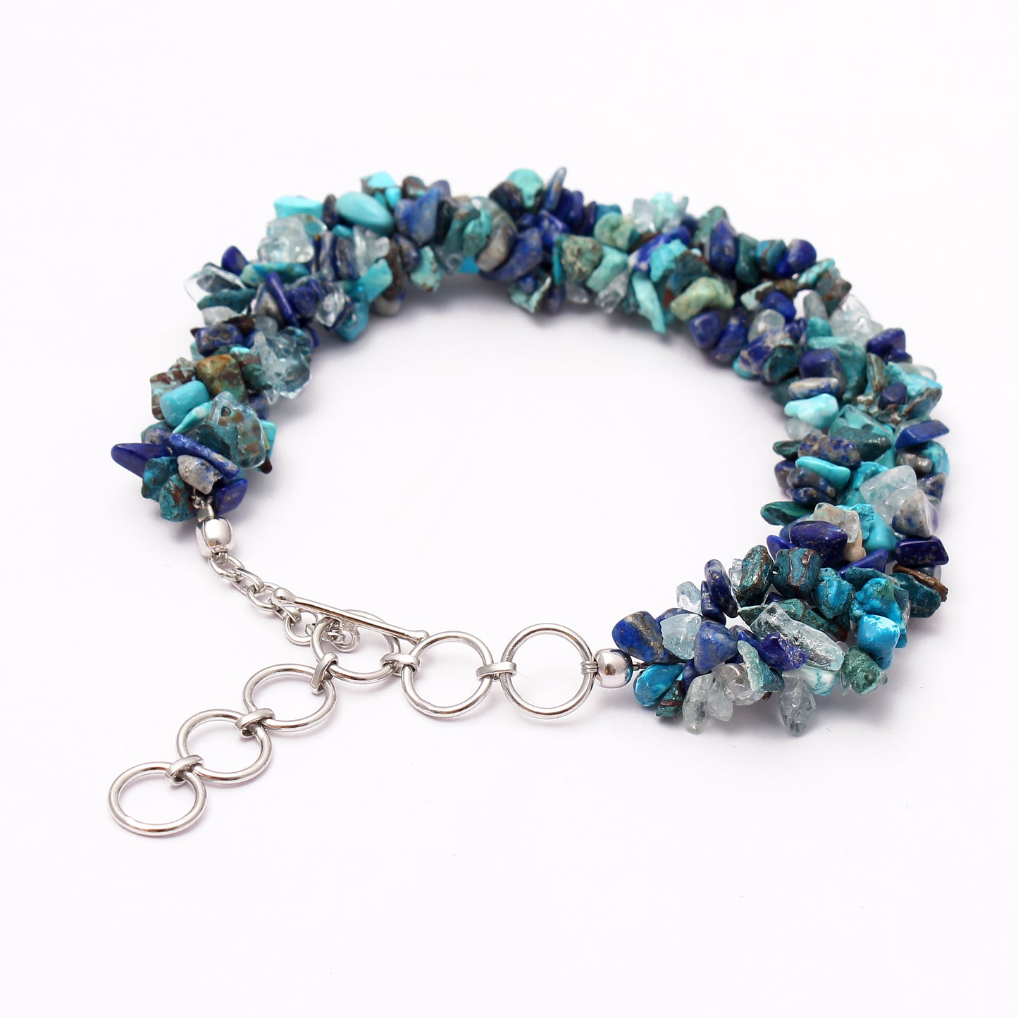 Aquamarine- Lapis-Aquamarine Mix Beaded Bracelet with Silver Clasp