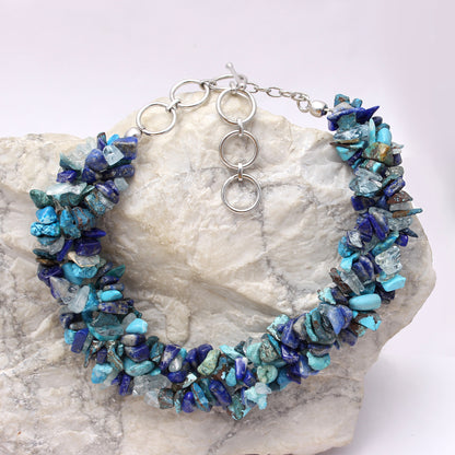 Aquamarine- Lapis-Aquamarine Mix Beaded Bracelet with Silver Clasp