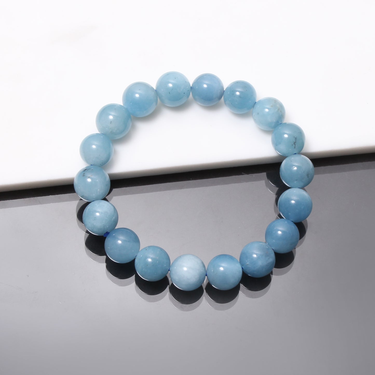 Aquamarine Gemstone Stretchable Bracelet | 11mm Smooth Round Beads Jewelry