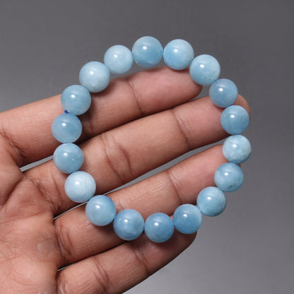 Aquamarine Gemstone Stretchable Bracelet | 11mm Smooth Round Beads Jewelry