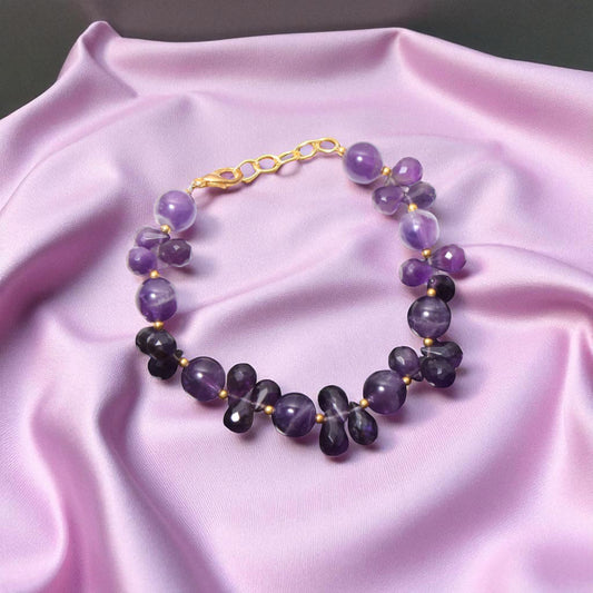 Natural Purple Amethyst  Beaded Bracelet ( Gold Plated )