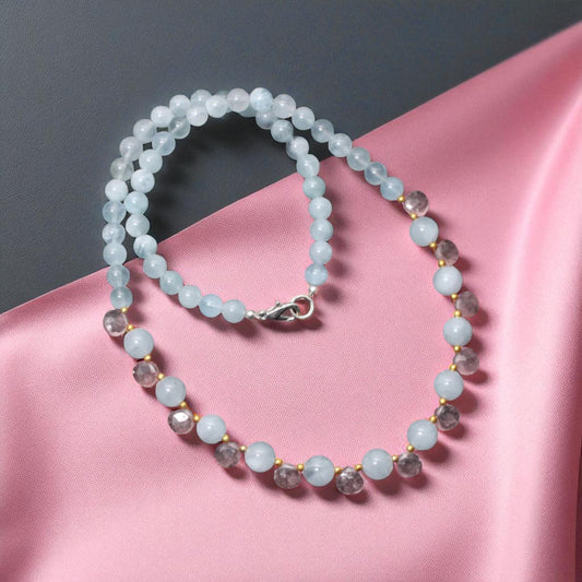Aquamarine and Strawberry Quartz Designer Necklace | Natural Gemstone Jewelry