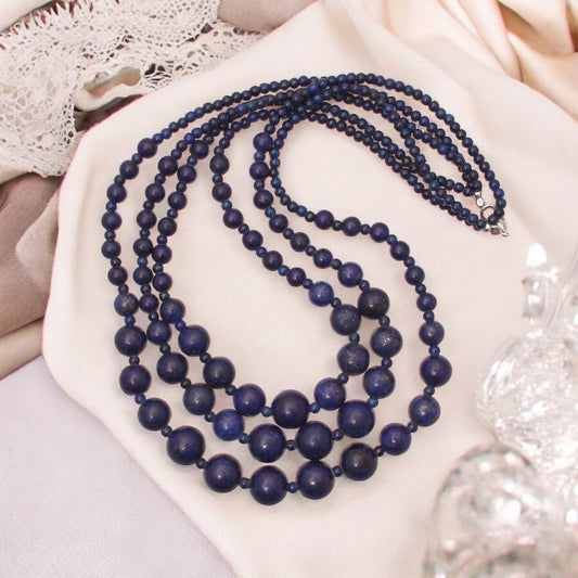 Natural Lapis Lazuli 3-Layer Beads Gemstone Necklace – Triple Elegance & Wisdom