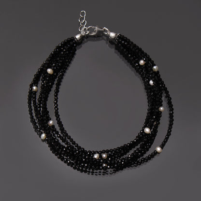 Natural Black Spinel & Pearl 7-Layer Bracelet – Elegant Multi-Strand Healing Crystal Bracelet