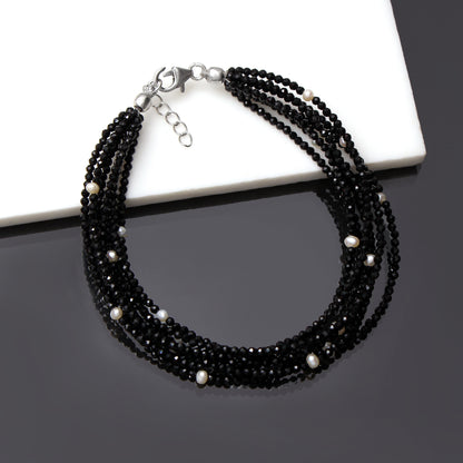 Natural Black Spinel & Pearl 7-Layer Bracelet – Elegant Multi-Strand Healing Crystal Bracelet