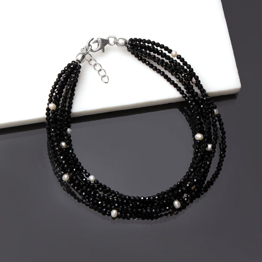 Natural Black Spinel & Pearl 7-Layer Bracelet – Elegant Multi-Strand Healing Crystal Bracelet