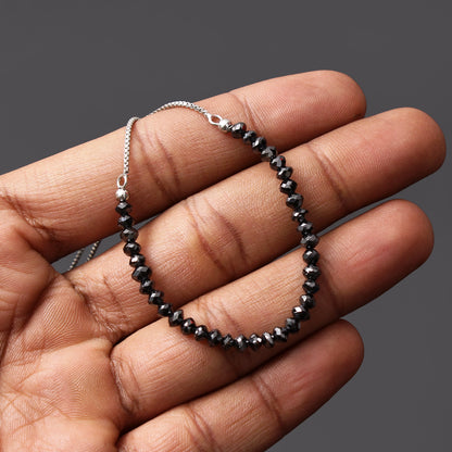 Natural Black Diamond Bolo Chain Silver Adjustable Bracelet,