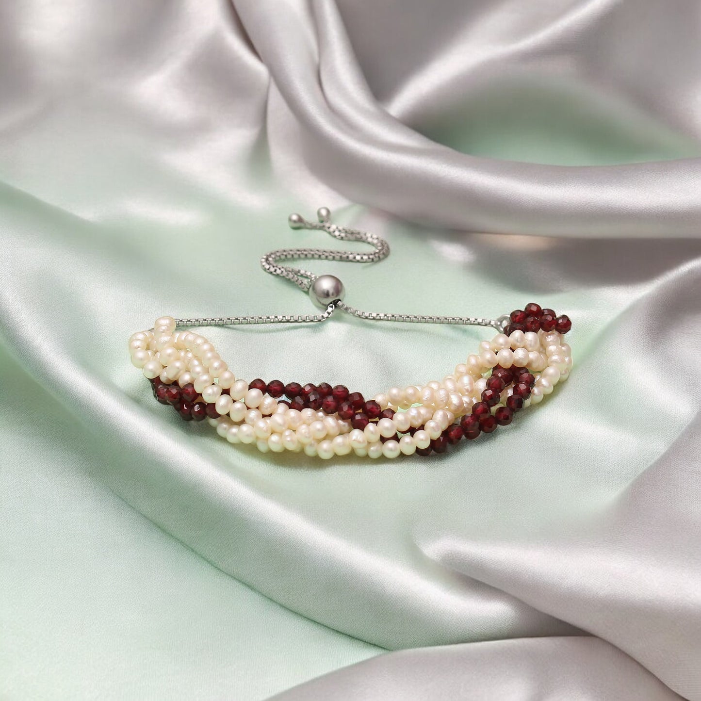 925 Sterling Silver Pearl and Garnet Multi-Strand Bolo Chain Bracelet