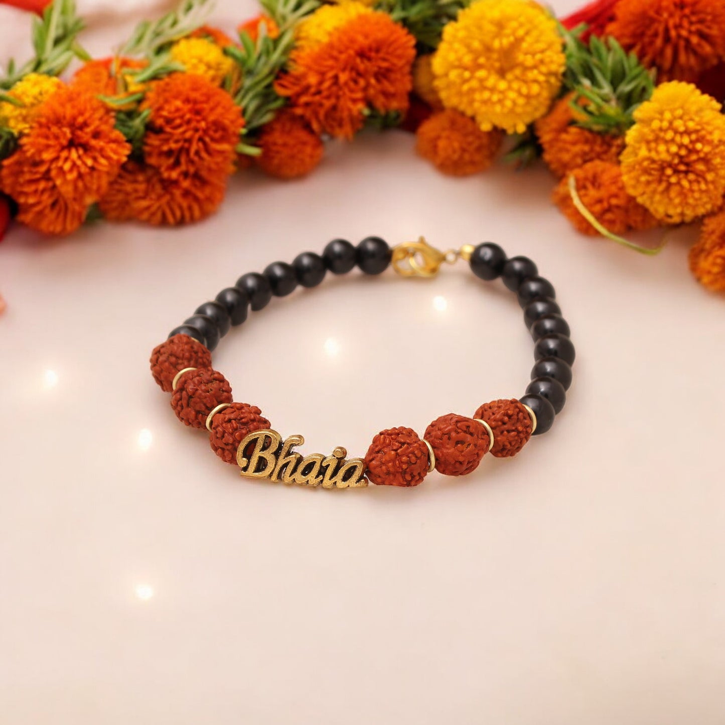 Rudraksha & Black Onyx Beaded Bracelet/Rakhi - Spirituality & Protection