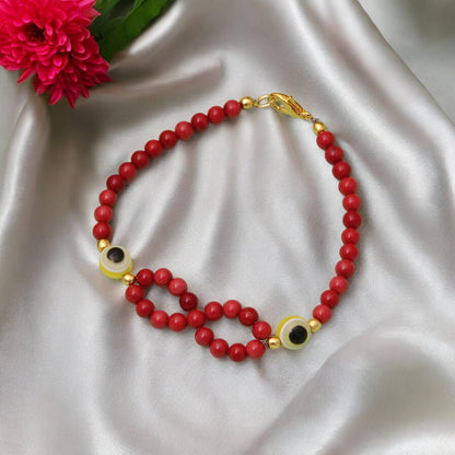 Red Coral & Evil Eye Beaded Bracelet/Rakhi - Vitality & Protection