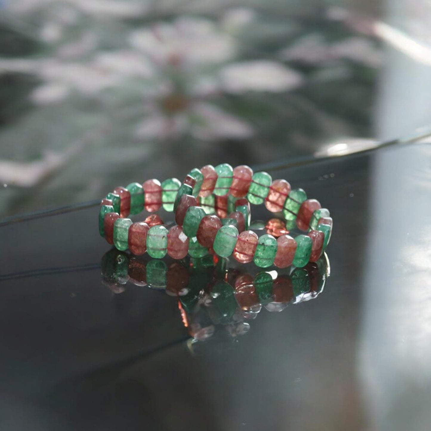 Handcrafted Strawberry Quartz Bracelet  7.5 Inch Stretch Bracelet Faceted Oval shape 9x15mm