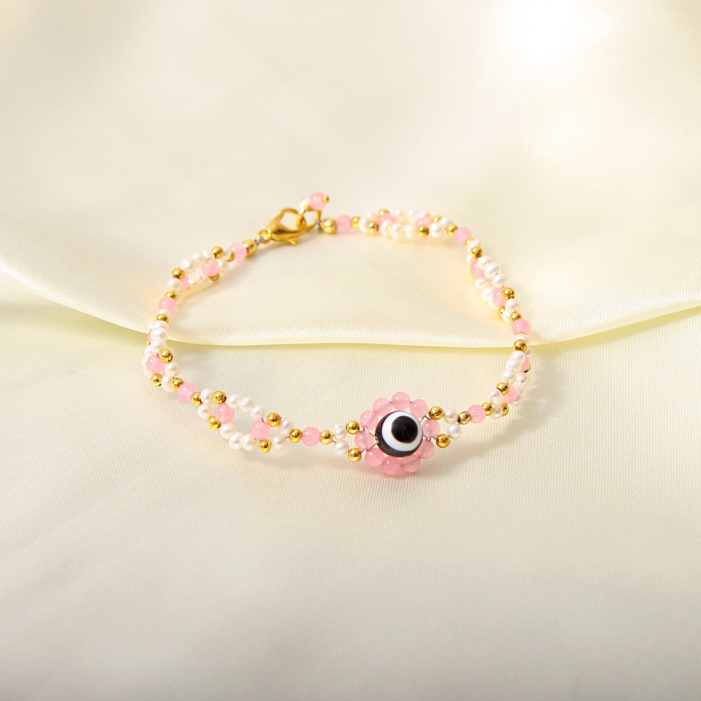 Pearl Rose Quartz Evil Eye Bracelet - Love, Healing & Protection